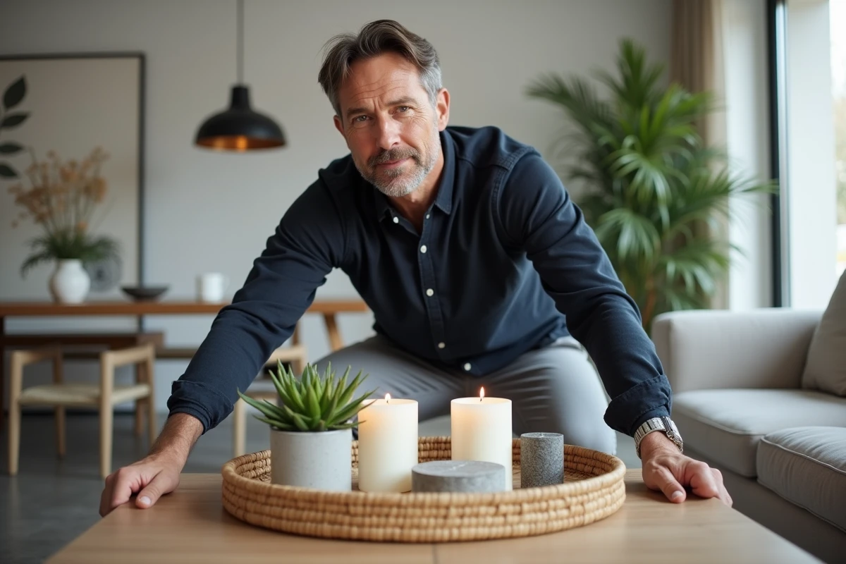 Homme aménageant une table basse avec plateau en rotin et bougies décoratives dans un intérieur contemporain