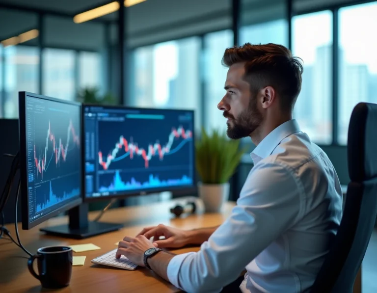 Analyste financier consultant des graphiques boursiers sur double écran dans un bureau moderne