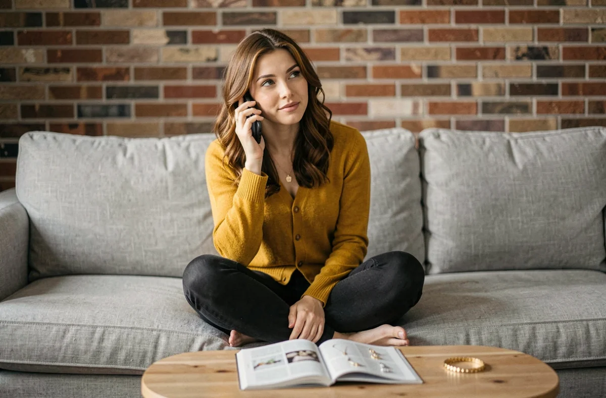 Jeune femme passant un appel téléphonique au service client d'une bijouterie depuis son salon avec un catalogue de bijoux ouvert
