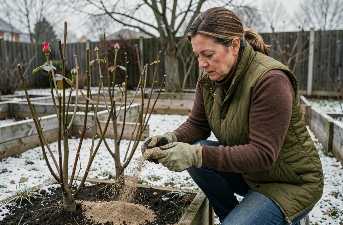 Femme appliquant de l'engrais granulaire hivernal autour de rosiers dormants dans un jardin gelé