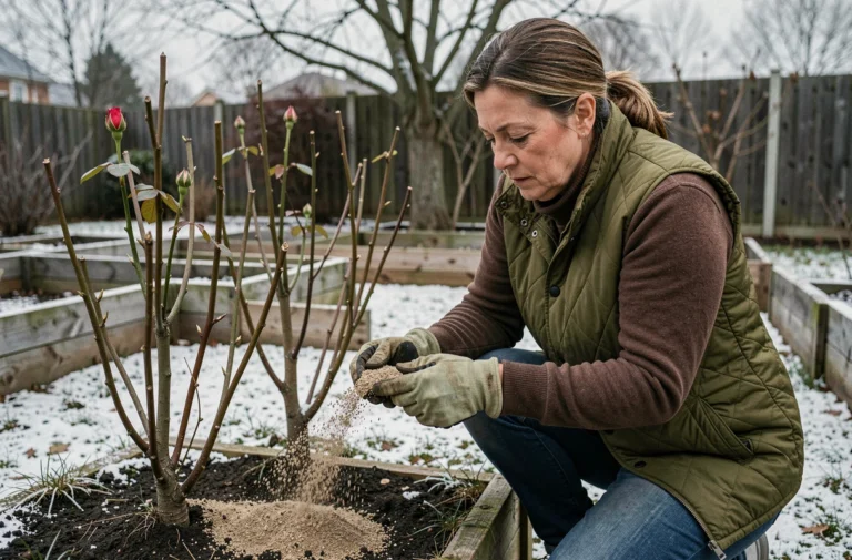 Femme appliquant de l'engrais granulaire hivernal autour de rosiers dormants dans un jardin gelé
