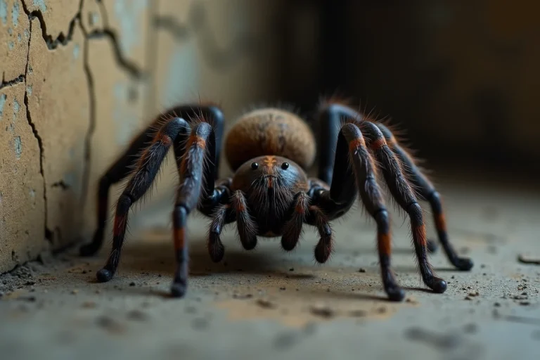 Araignée babouk brune sur un mur de béton à La Réunion, vue rapprochée montrant les détails de ses pattes velues