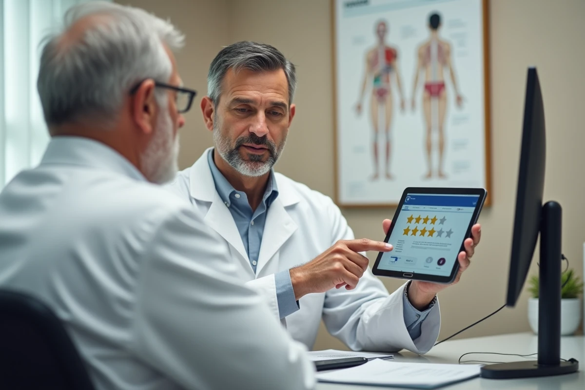 Audioprothésiste présentant des avis Amplifon sur tablette lors d'une consultation avec un patient âgé