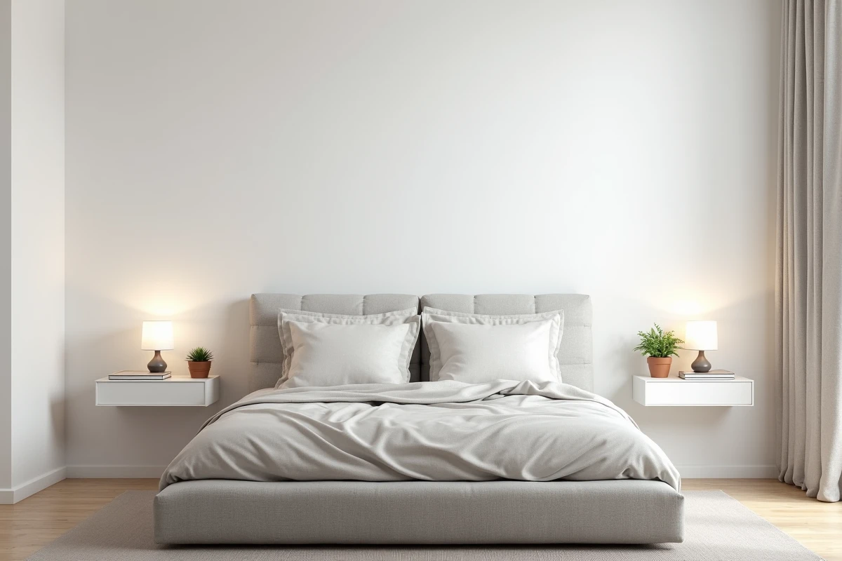 Chambre moderne avec deux tables de chevet suspendues au mur en finition blanche de chaque côté du lit