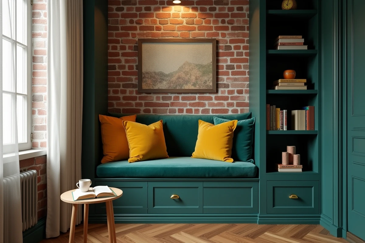 Coin lecture cosy aménagé dans une alcôve avec banquette velours teal et bibliothèque encastrée verte
