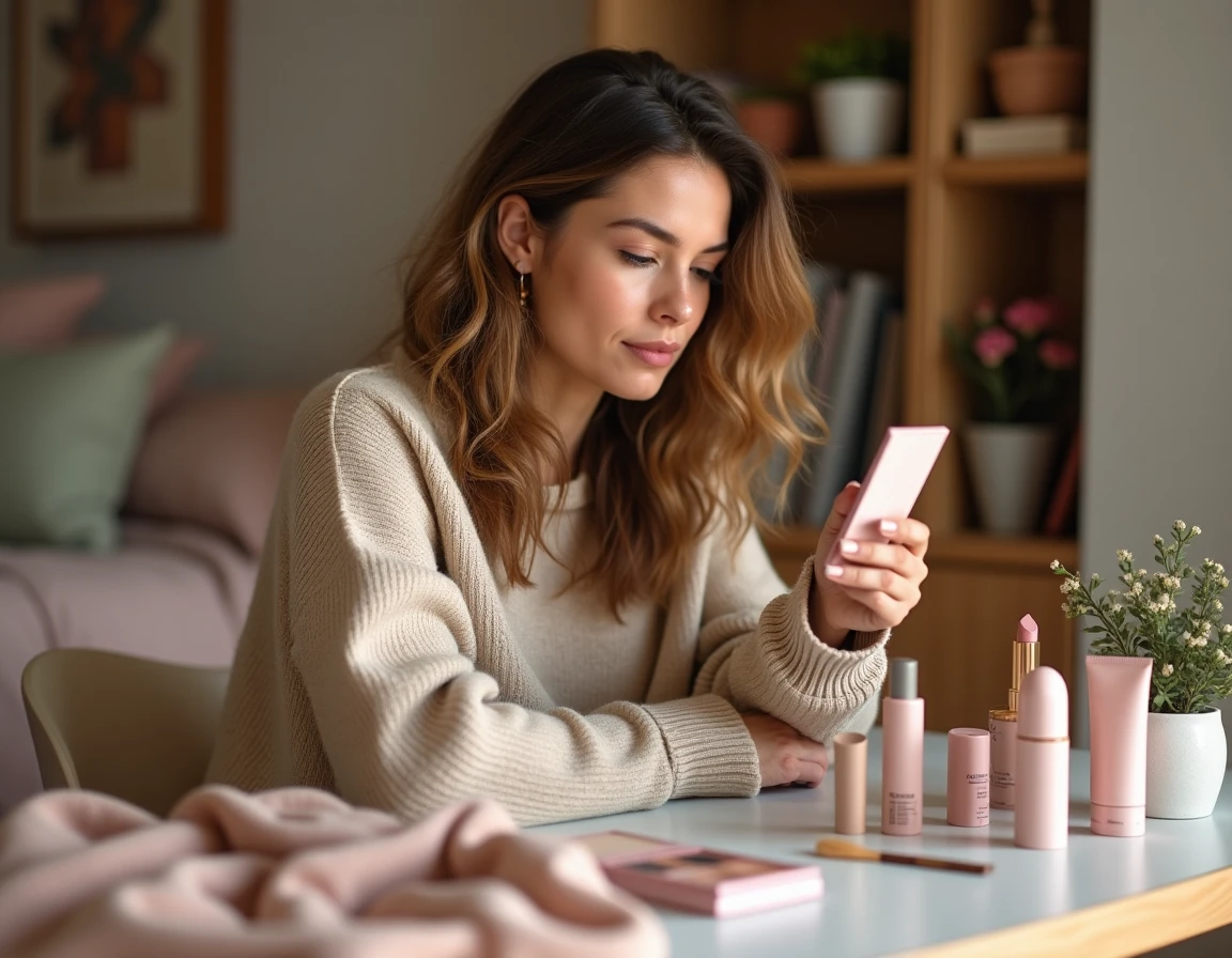 Femme entourée de nouveaux produits de beauté posés sur une coiffeuse en bois dans une chambre cosy, tendances maquillage saison