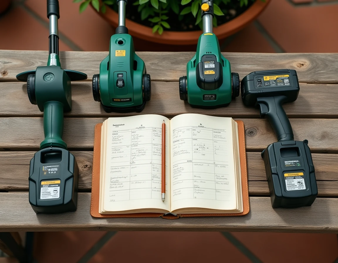 Comparaison de plusieurs coupe-bordures sans fil avec leurs batteries disposés sur une table en bois