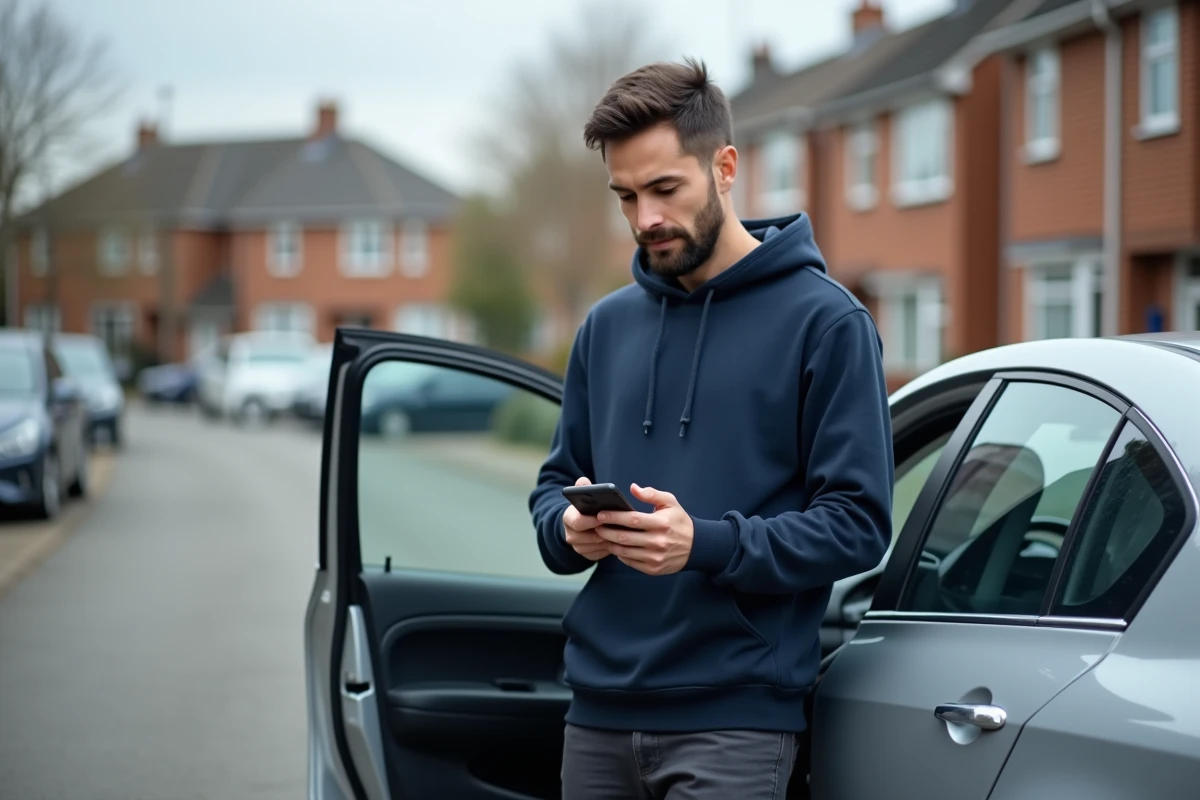 Conducteur vérifiant le paiement d'un trajet Blablacar sur son téléphone à côté de sa voiture