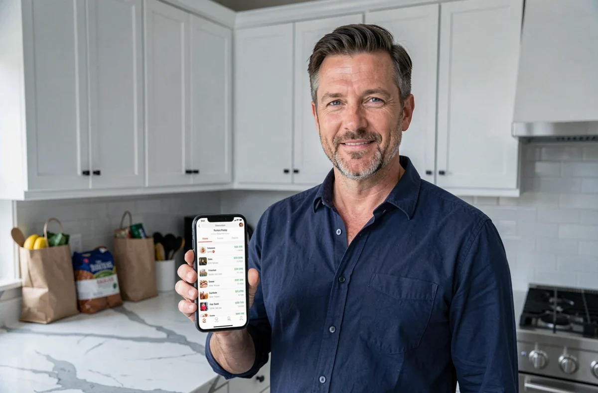 Homme consultant ses achats et factures Carrefour sur application mobile dans une cuisine moderne