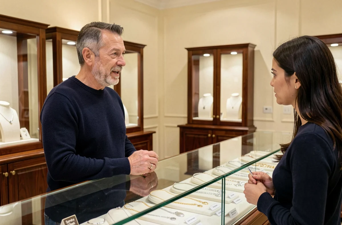 Client en conversation avec une conseillère dans une boutique de bijoux pour obtenir des informations sur les produits et services