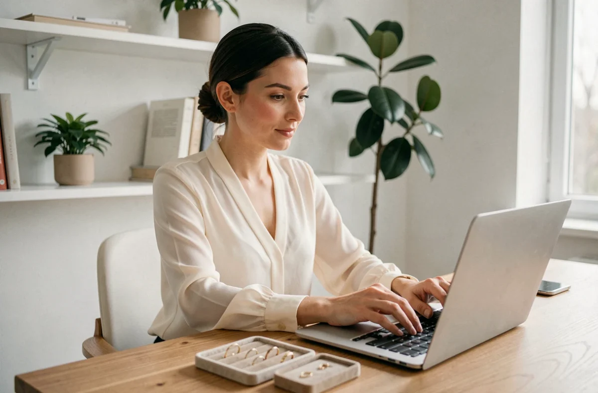 Femme contactant un service client bijoux en ligne depuis son bureau à domicile avec des bijoux exposés sur un plateau en velours