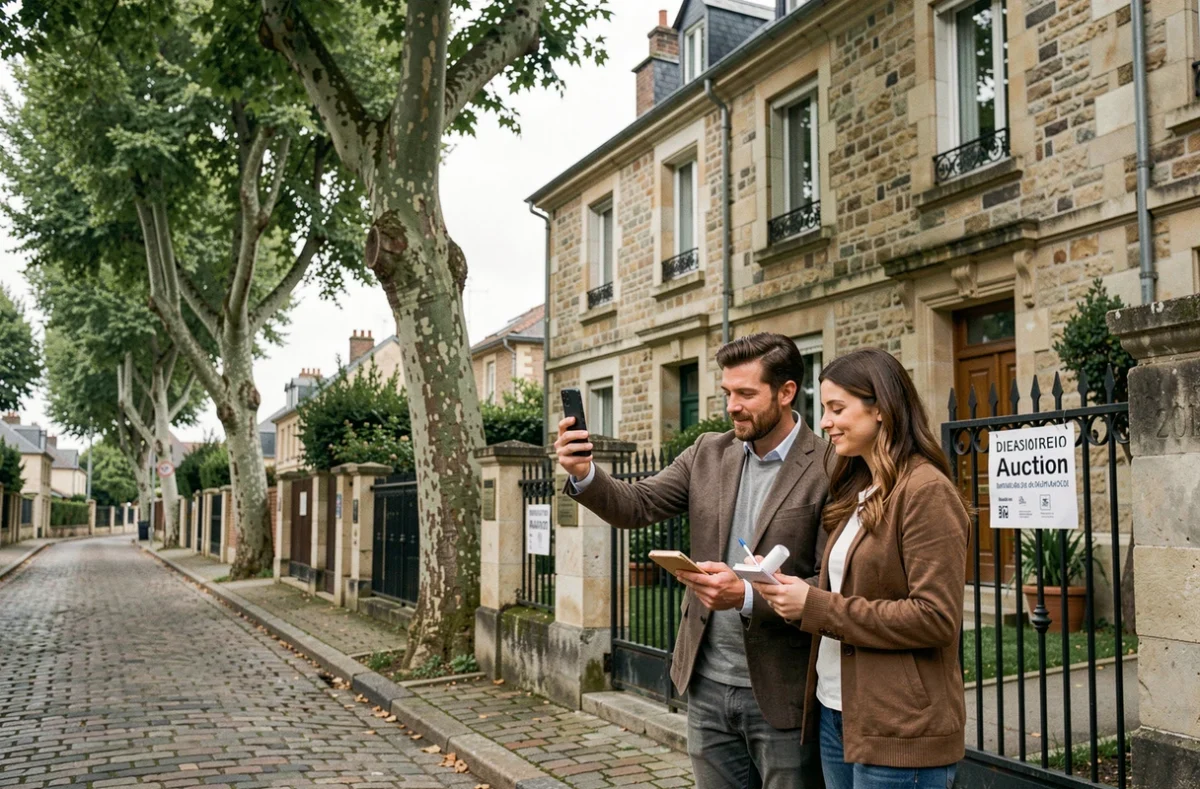 Couple visitant un bien immobilier mis aux enchères dans une rue résidentielle française avant de soumettre une offre