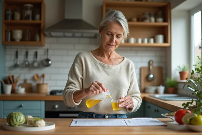 Femme versant de l'huile dans un verre mesureur en cuisine