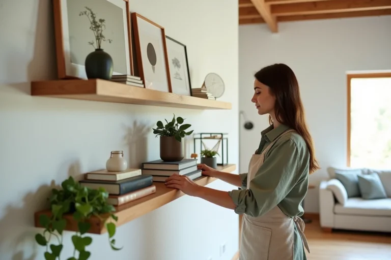 Femme décorant une étagère murale en bois dans un salon scandinave avec des objets artisanaux et des plantes