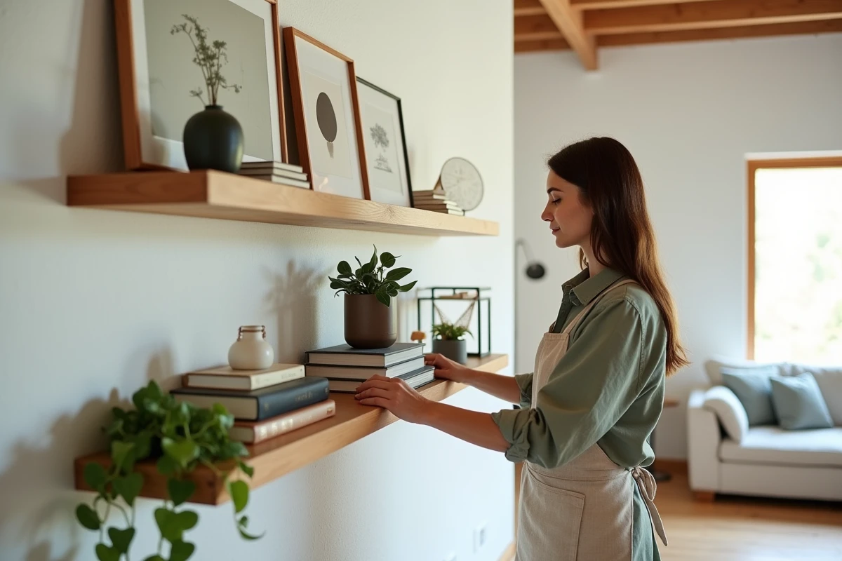 Femme décorant une étagère murale en bois dans un salon scandinave avec des objets artisanaux et des plantes