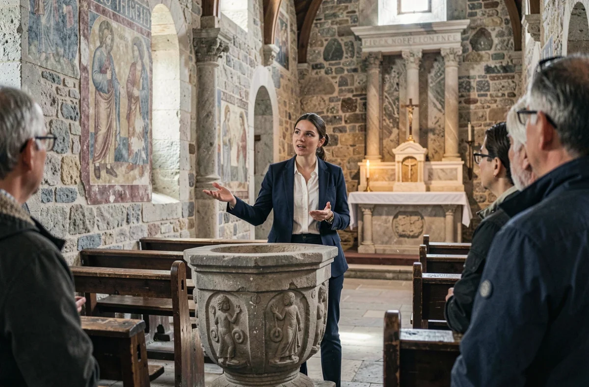 Intérieur d'une église romane à Pietra d'Alba avec une guide touristique présentant les fonts baptismaux en pierre