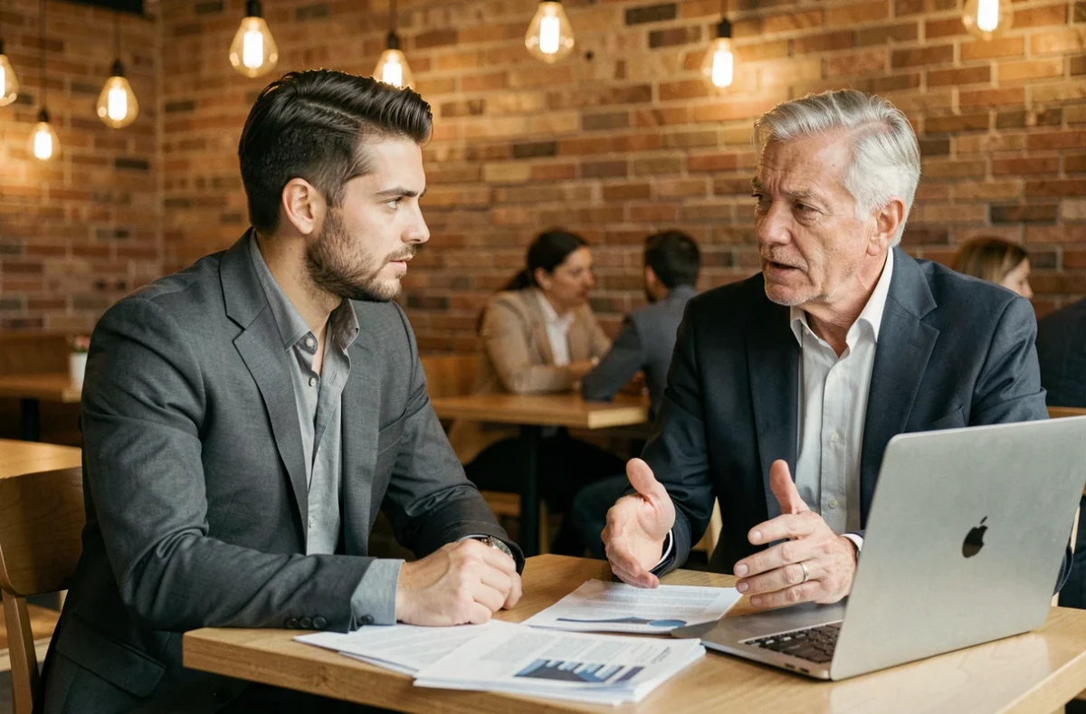Jeune entrepreneur recevant des conseils d'un mentor expérimenté dans un café lors d'une session de coaching business