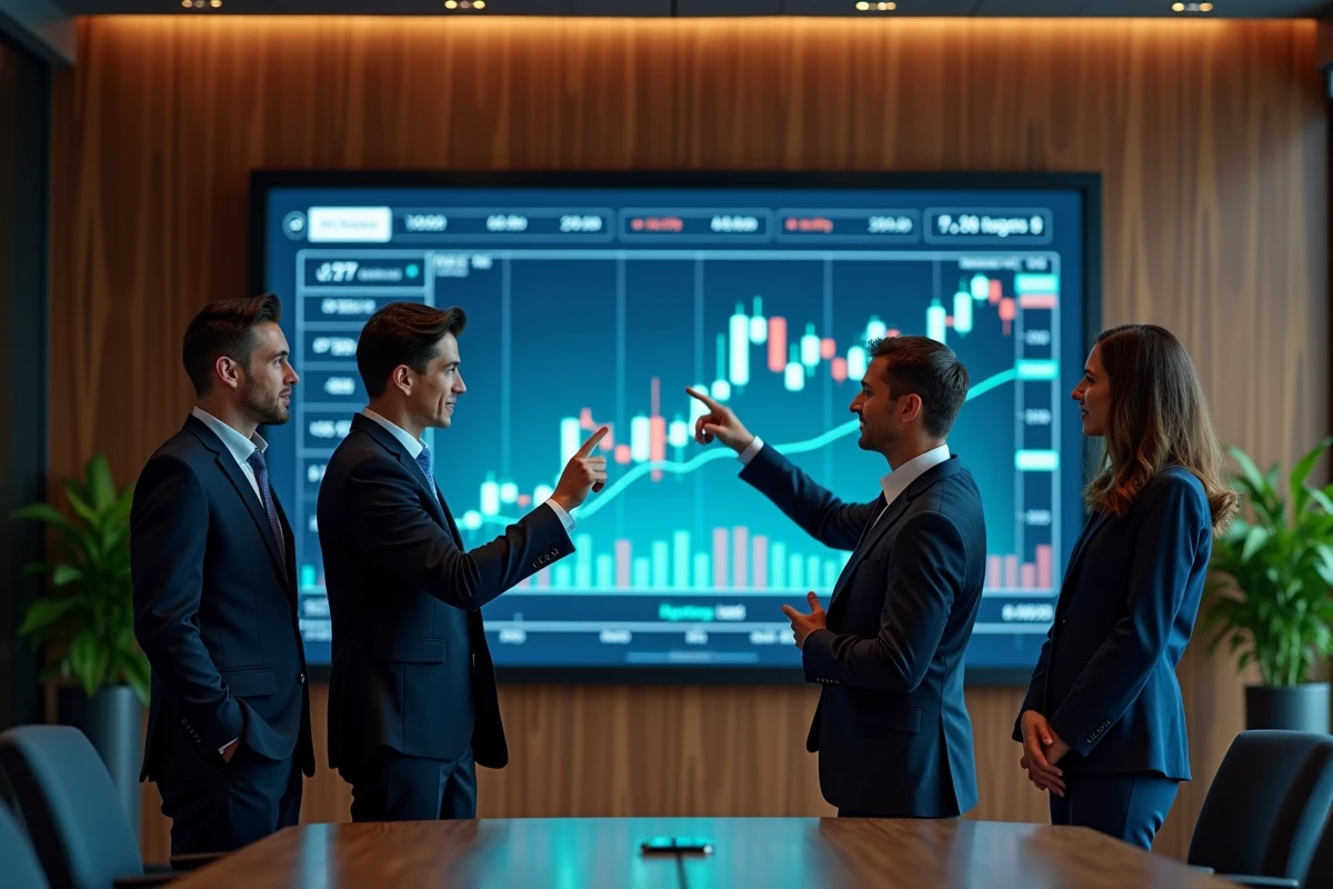 Équipe de professionnels de la finance analysant les indices boursiers en temps réel sur écran interactif
