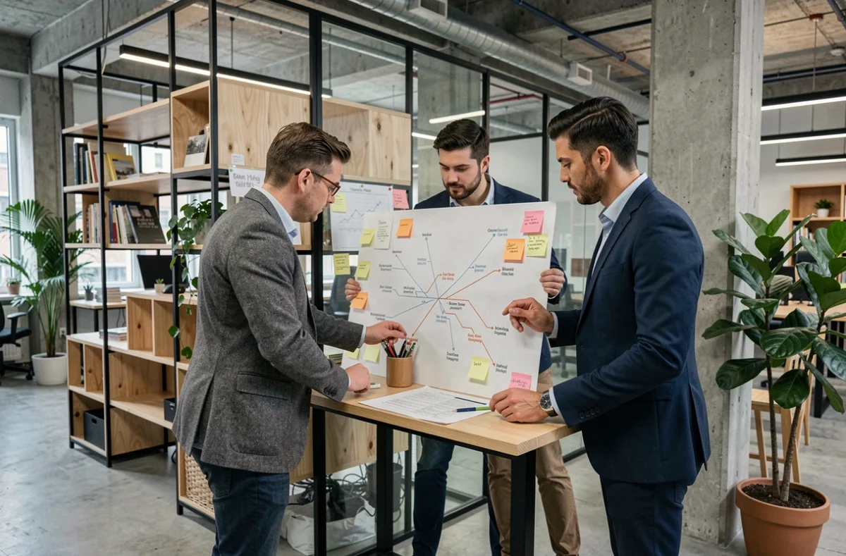 Équipe de jeunes professionnels collaborant sur un plan de développement d'entreprise dans un espace de co-working moderne
