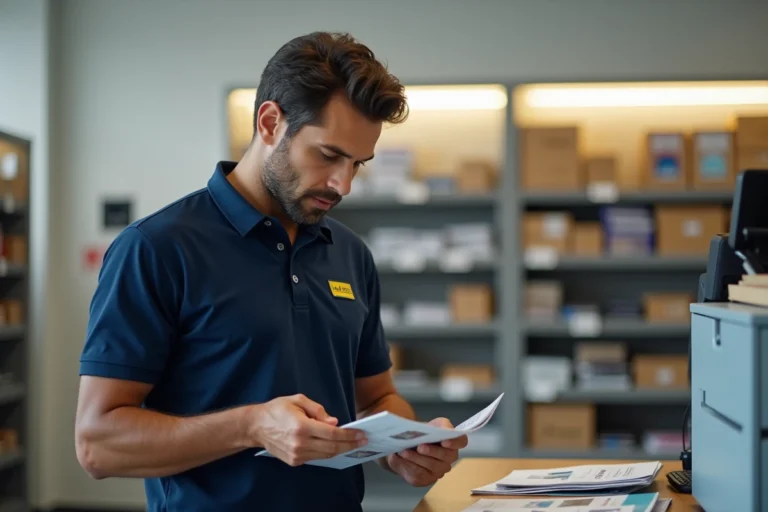 Facteur La Poste en uniforme bleu consultant le catalogue d'habillement au comptoir d'un bureau de poste