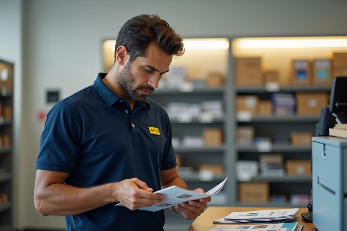 Facteur La Poste en uniforme bleu consultant le catalogue d'habillement au comptoir d'un bureau de poste