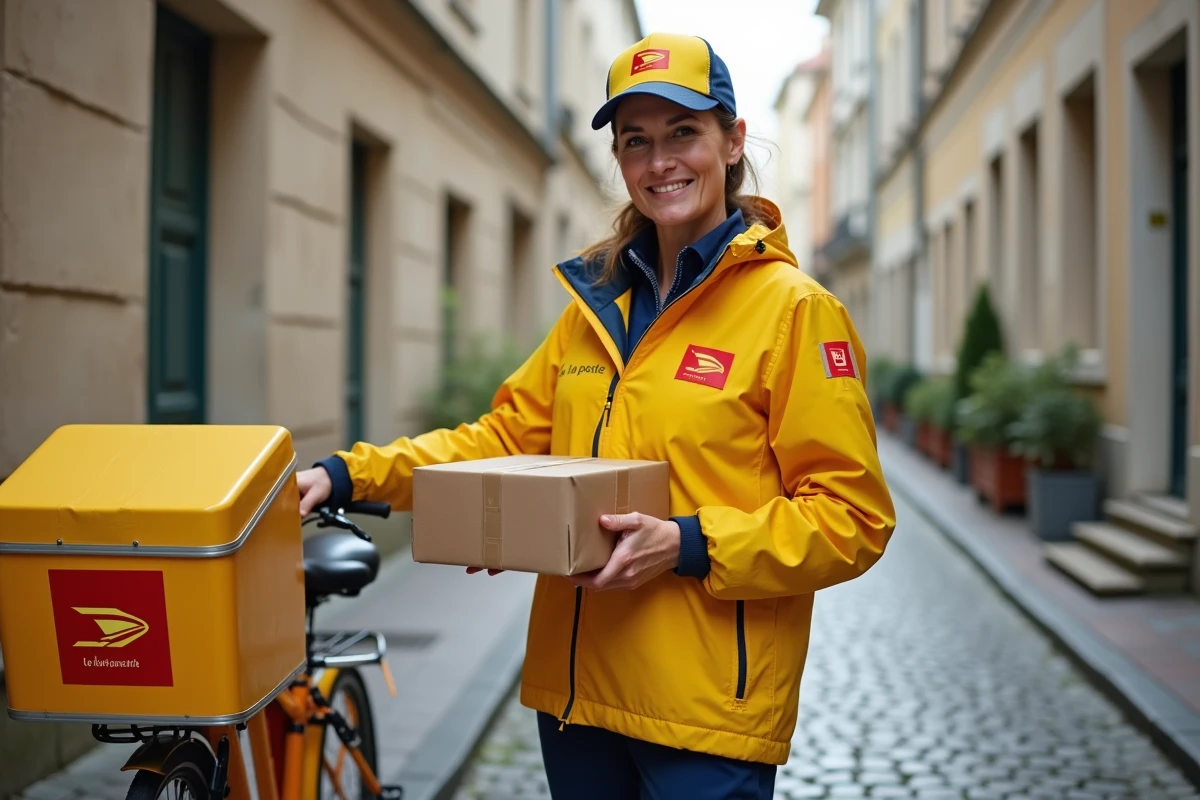 Factrice La Poste en tenue réglementaire complète avec veste jaune et vélo de livraison dans une rue française