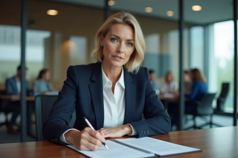 Femme d'affaires en blazer marine examinant un contrat d'entreprise dans une salle de réunion moderne