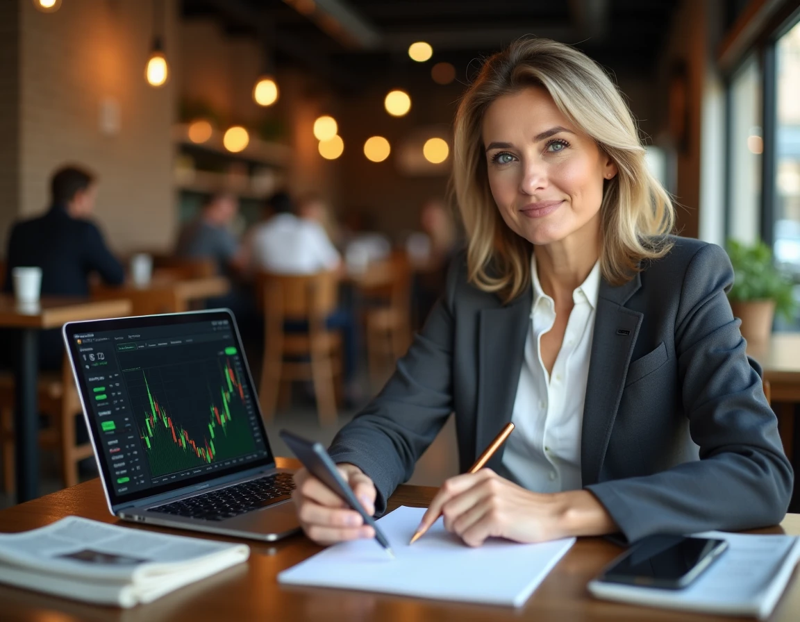 Femme analyste consultant les tendances boursières sur laptop dans un café urbain