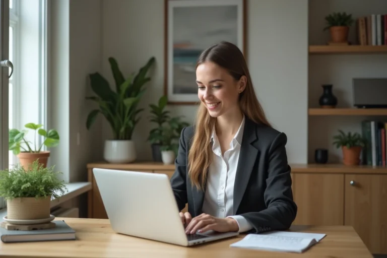 Jeune femme en bureau moderne travaillant sur son ordinateur