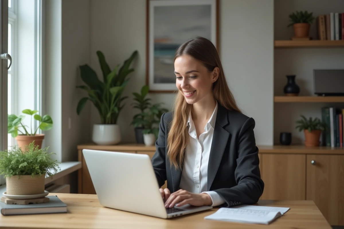 Jeune femme en bureau moderne travaillant sur son ordinateur