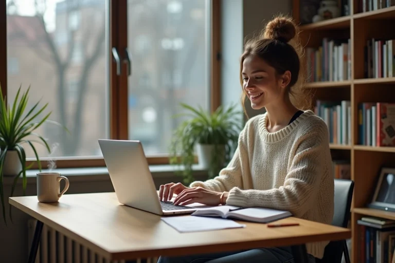Jeune femme souriante travaillant sur son ordinateur dans un bureau moderne