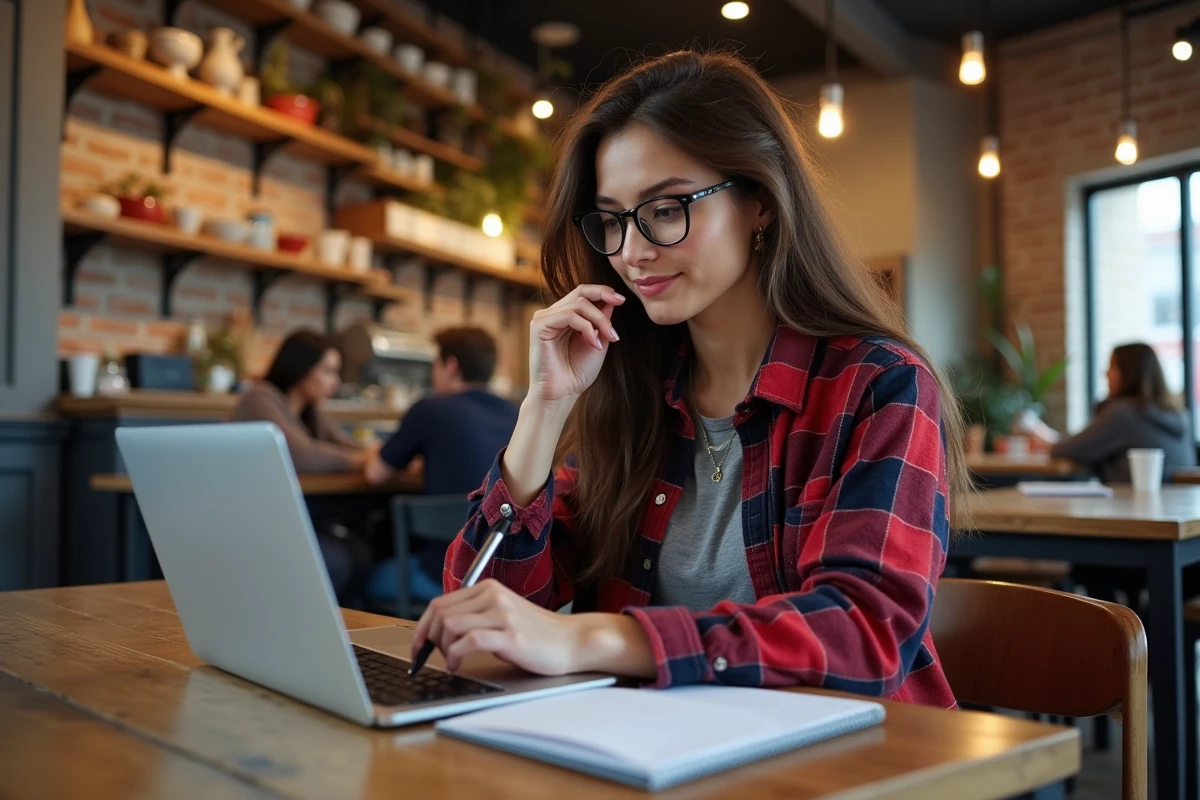 Femme travaillant sur un ordinateur dans un café tendance