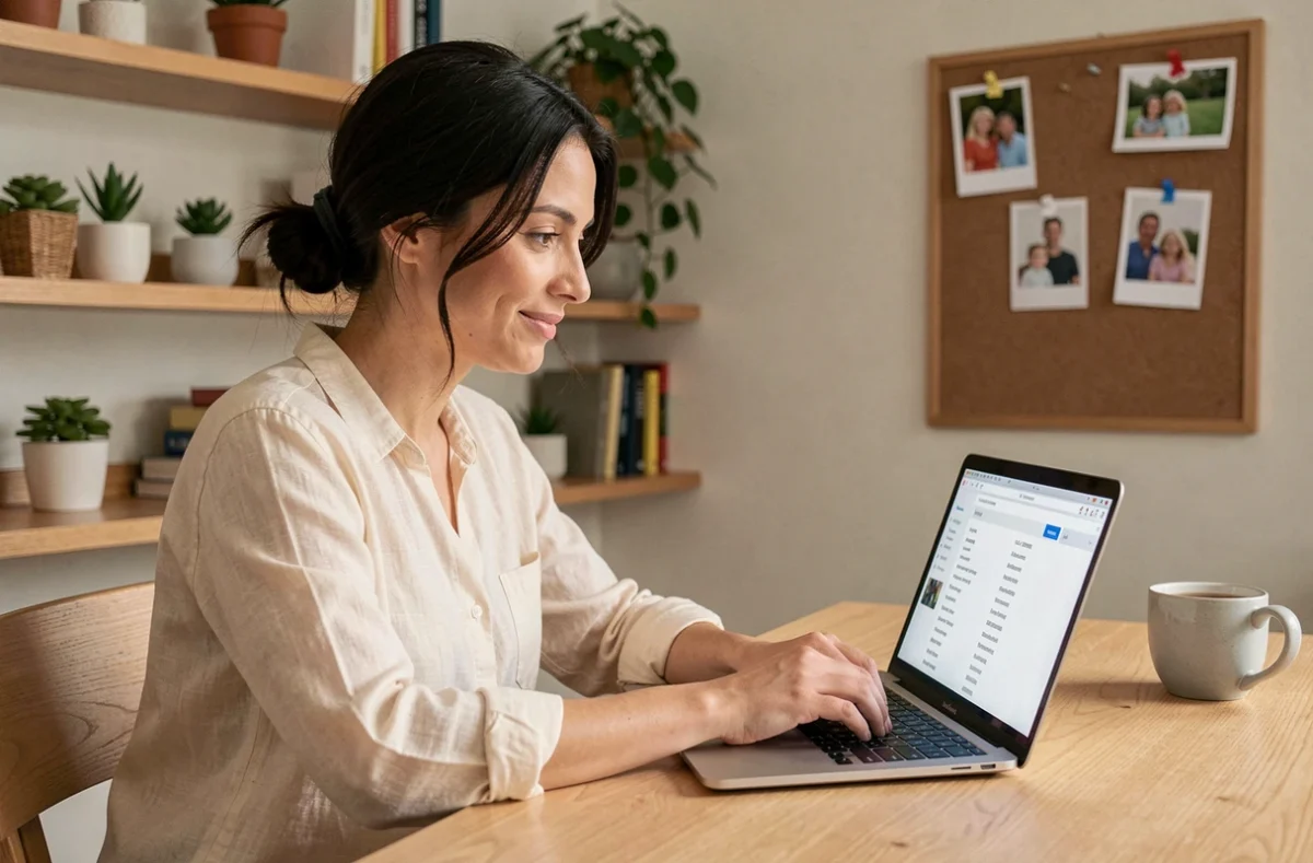 Femme consultant le sitemap d'un blog parental sur son ordinateur portable dans un bureau à domicile chaleureux