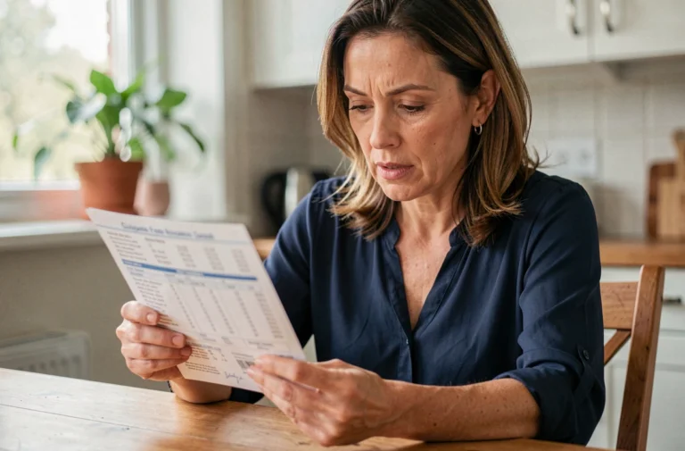 Femme consultant sa carte grise à la maison pour trouver le code couleur de son véhicule
