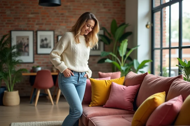 Femme dans son salon moderne arrangeant des coussins