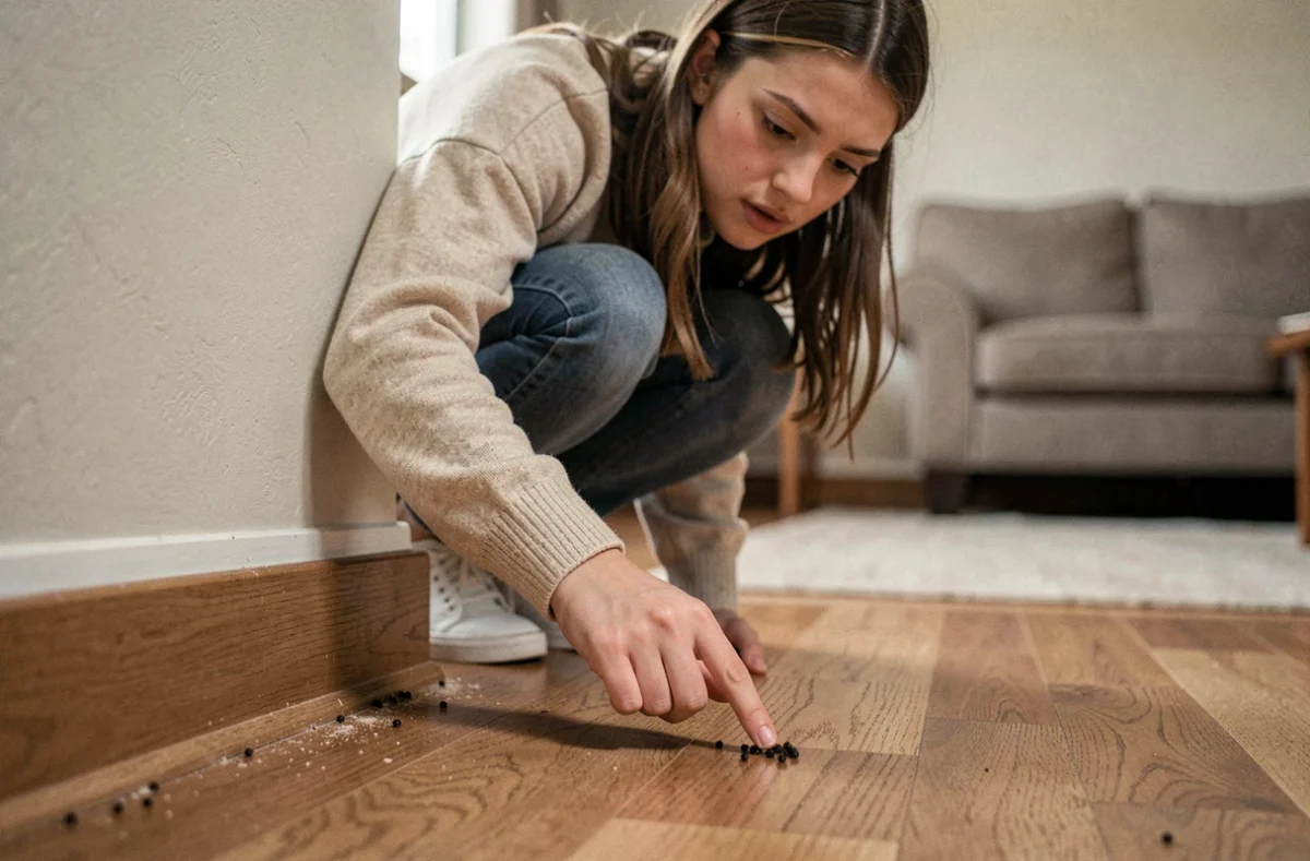 Femme inspectant des petits insectes noirs ronds près d'une plinthe en bois dans un salon