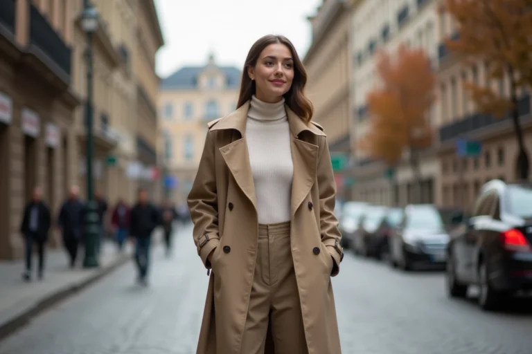 Femme élégante en trench et pantalon large en ville