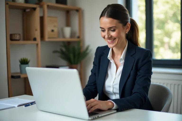 Femme en blazer bleu utilisant un ordinateur dans un bureau moderne