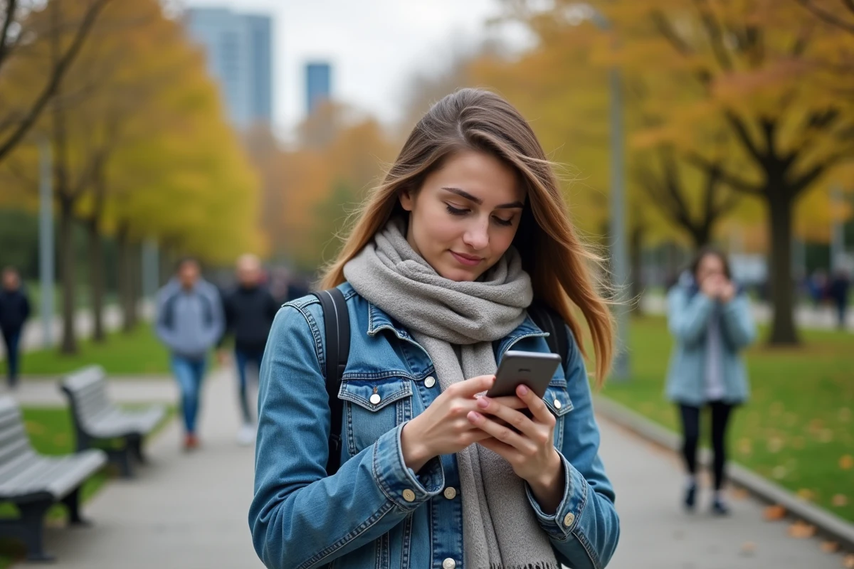 Jeune femme dans un parc vérifiant les actualités santé sur son smartphone