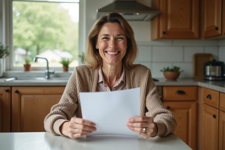 Femme souriante tenant une lettre dans sa cuisine lumineuse