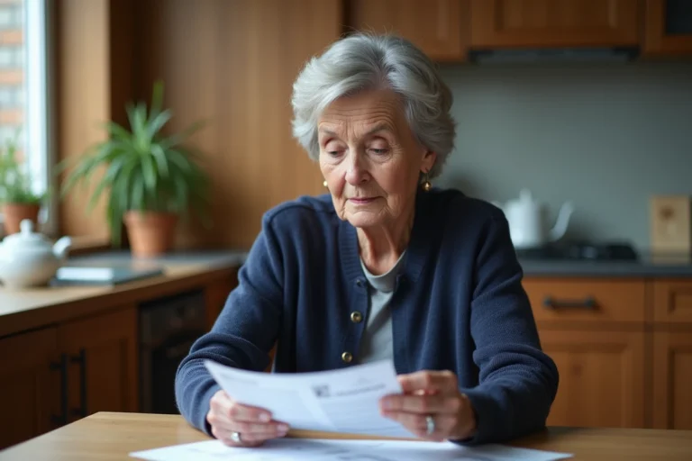 Femme senior lisant des avis clients Amplifon avec un appareil auditif à la main dans une cuisine chaleureuse