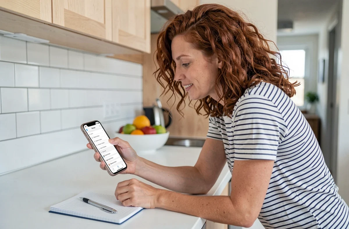 Femme consultant le sitemap d'un blog parental sur son smartphone dans une cuisine familiale de style scandinave