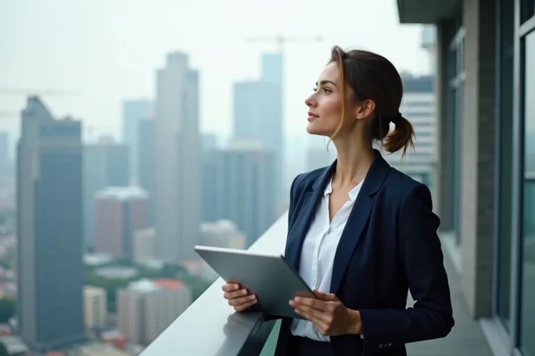Femme confiante en blazer navy sur un balcon urbain