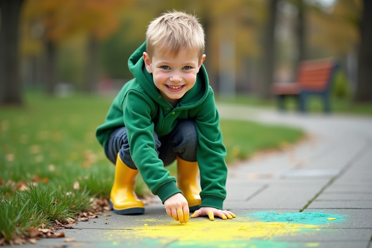 Garçon de 10 ans dessinant avec des craies dans un parc