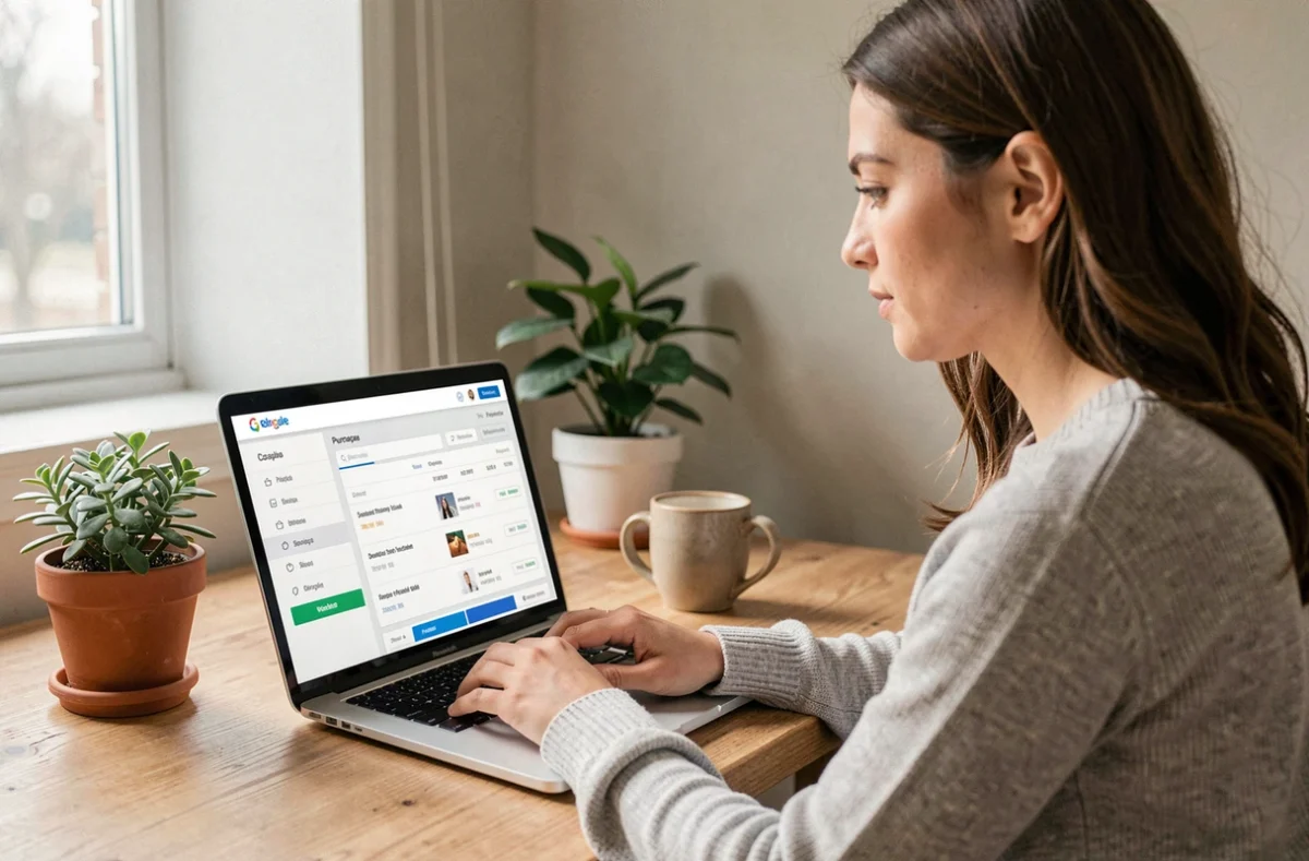 Femme gérant ses factures Carrefour en ligne depuis son bureau à domicile sur un ordinateur portable