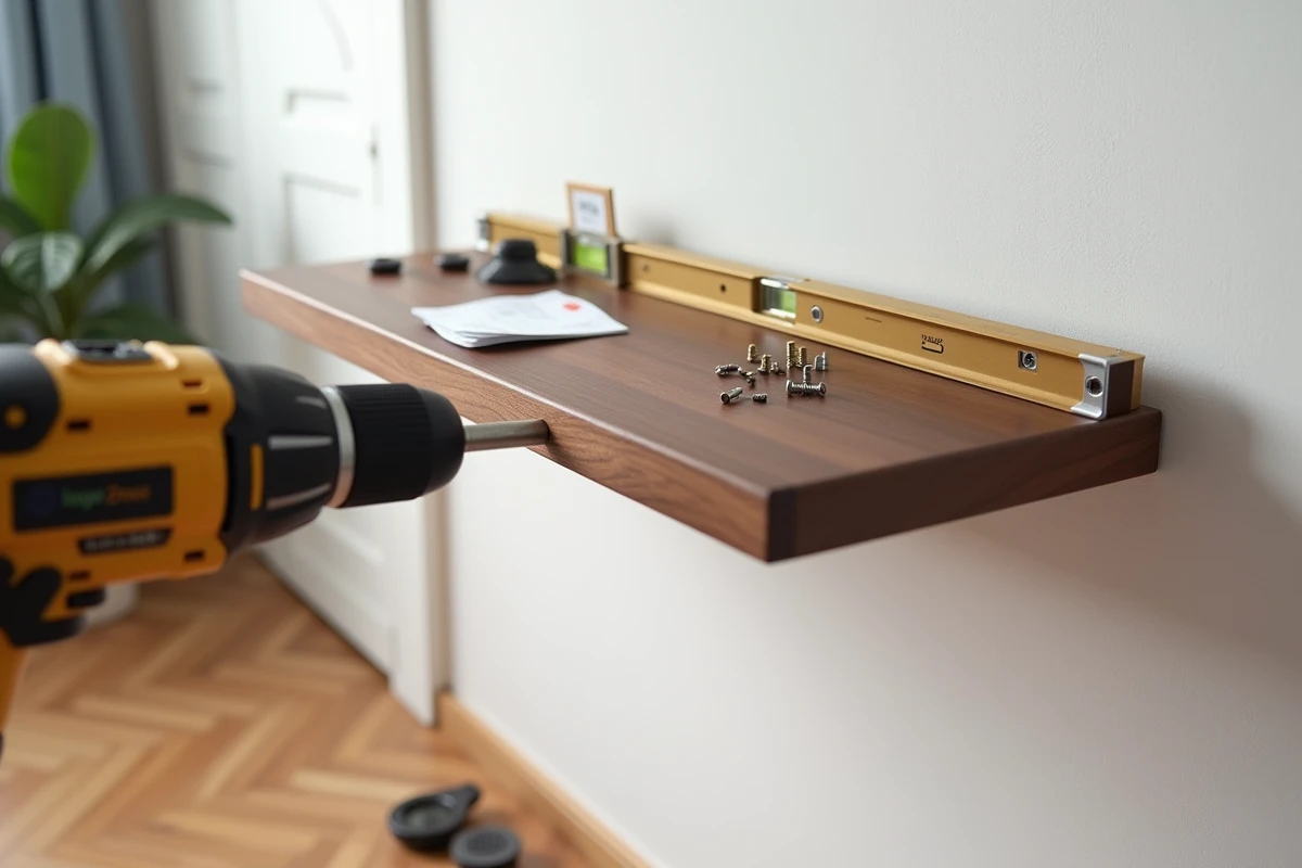Gros plan sur la fixation murale d'une tablette de chevet flottante en bois avec cheville et visseuse