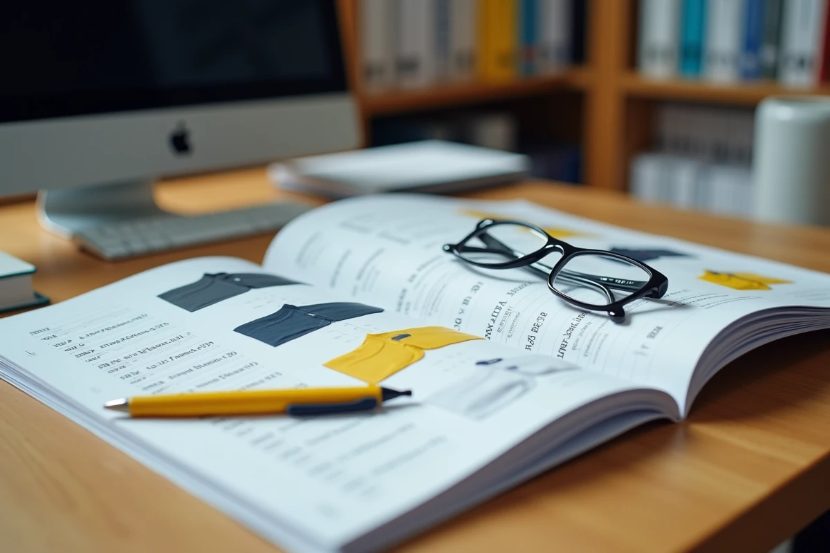 Guide d'habillement La Poste ouvert sur un bureau avec fiches de tailles et échantillons de vêtements professionnels