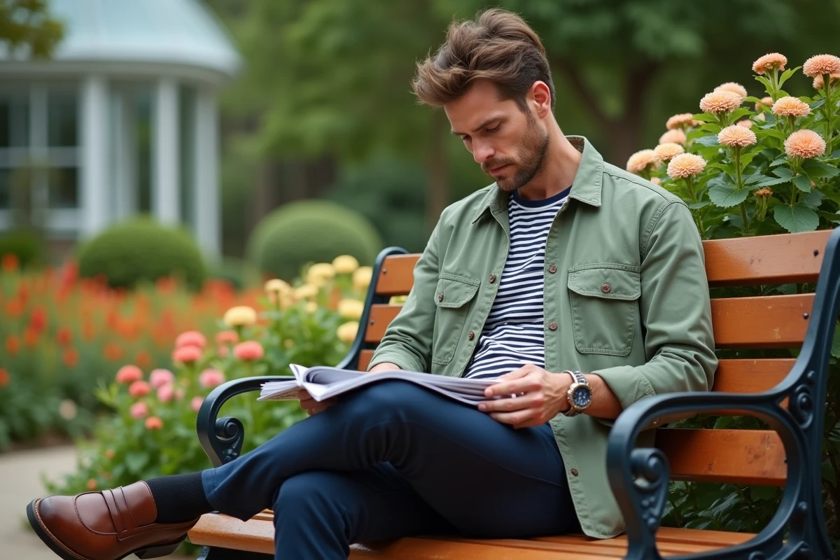 Homme en jardin botanique lisant un magazine