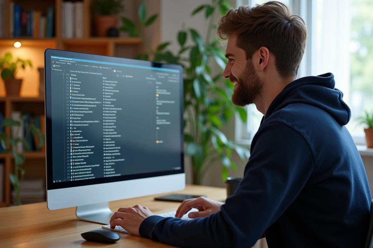 Homme en hoodie regardant un écran de serveur dans un bureau moderne