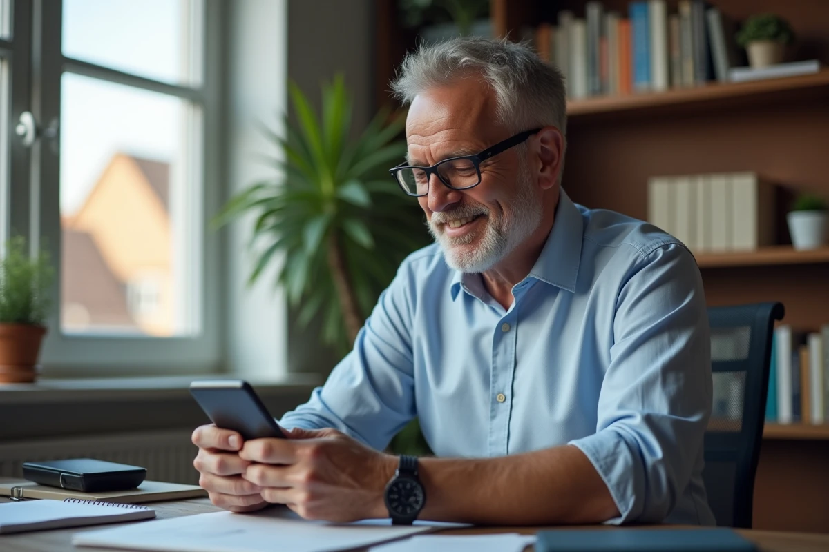 Homme utilisant un smartphone dans son bureau à domicile